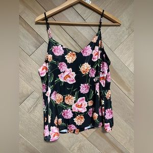 Ripzone tank with spaghetti straps. Black with flowers. Silky fabric. SZL